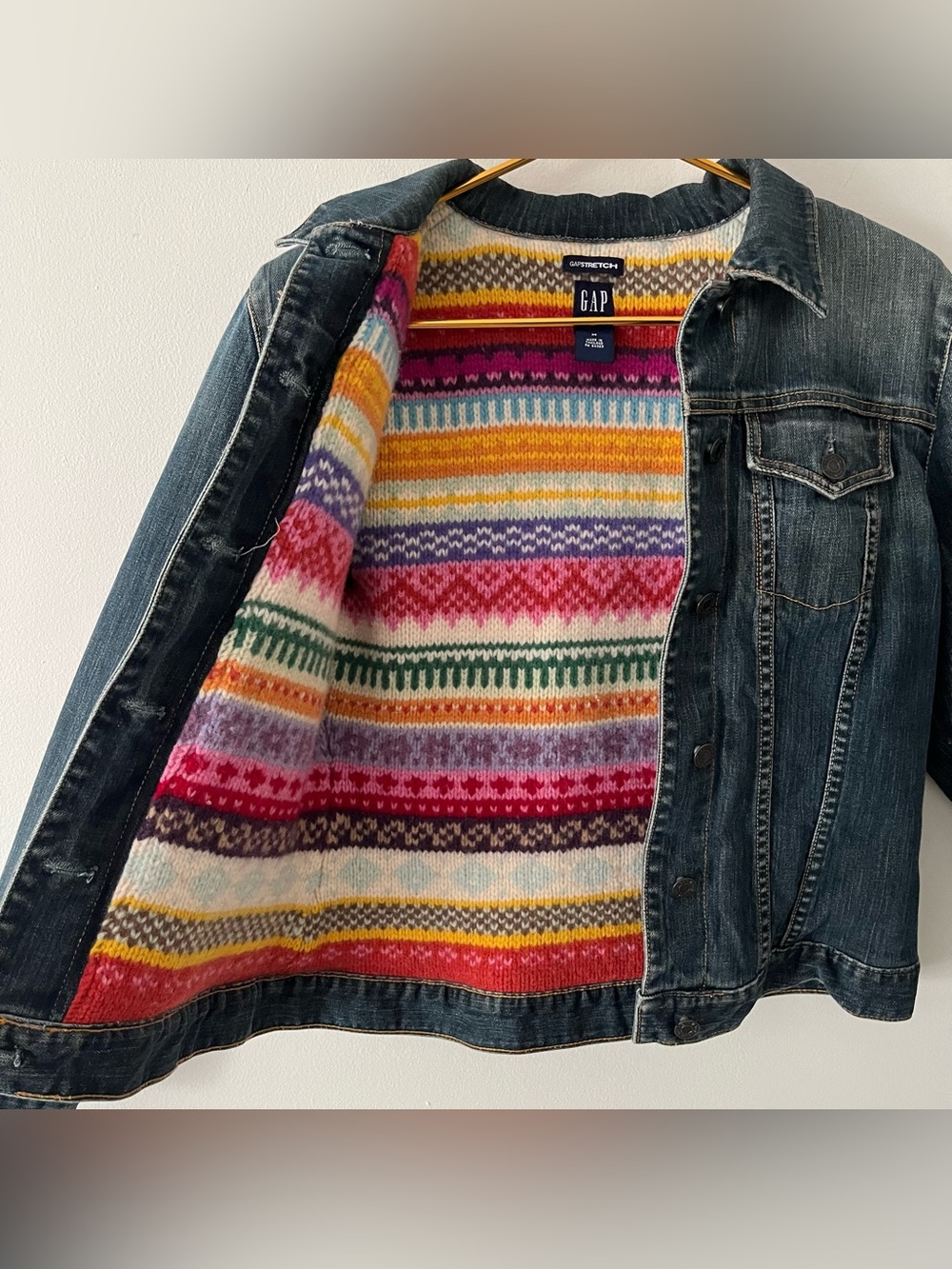 GAP Vintage Y2K Jean Jacket W/ Bright Multicolor Fair Isle Lambswool Lining Med